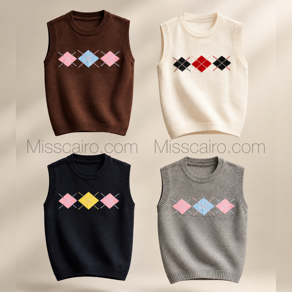 Sweater vest with geometric patterns.