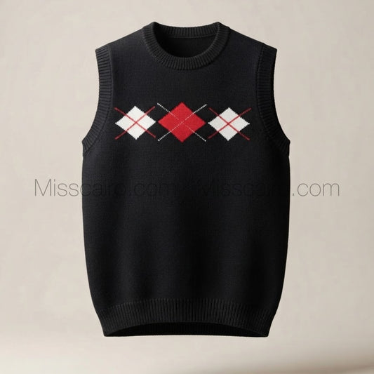 Sweater vest with geometric patterns.