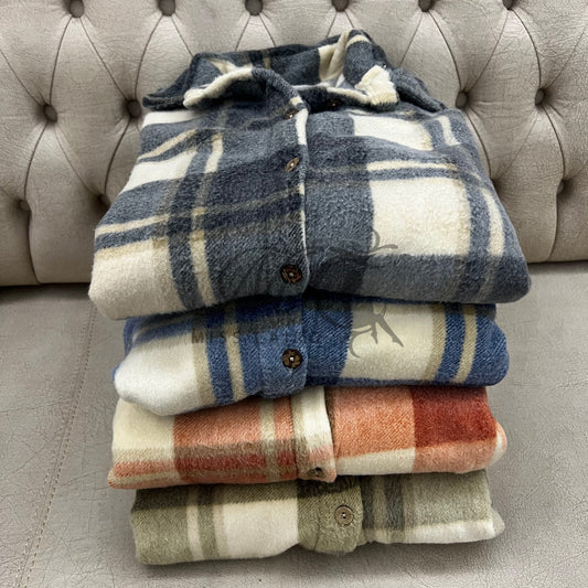 Plaid button-up fleece shirt jacket.