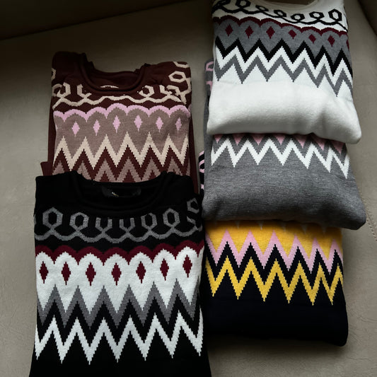 Geometric pattern knitted sweater.