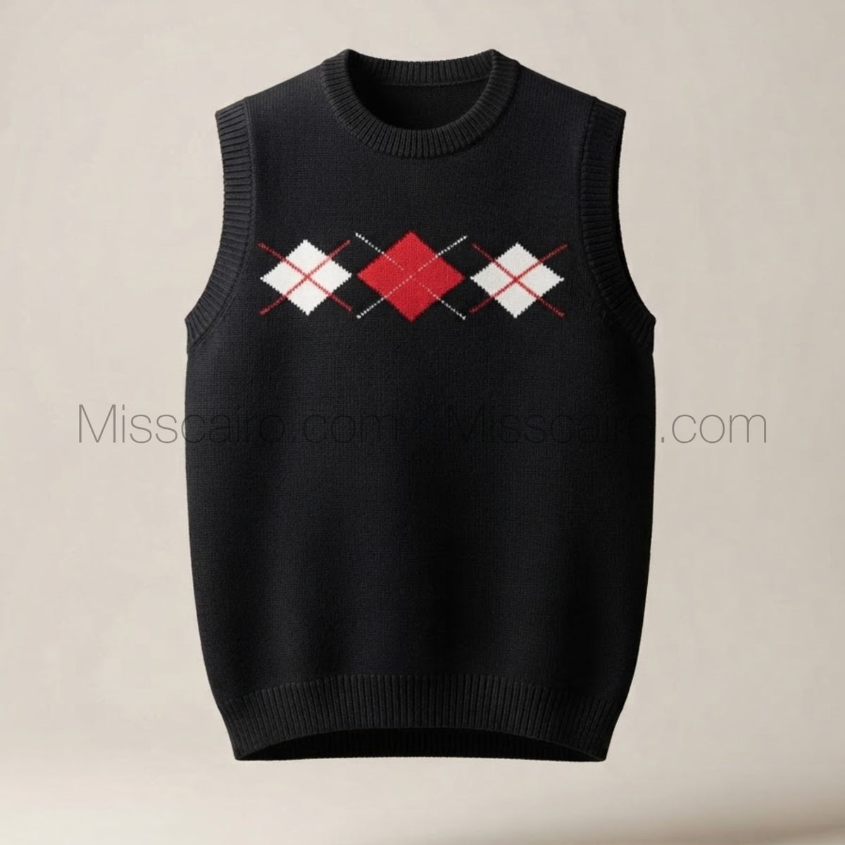 Sweater vest with geometric patterns.