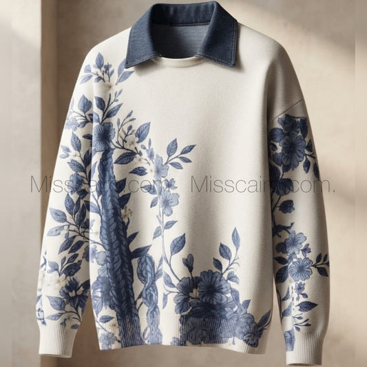 Elegant floral collared sweatshirt.