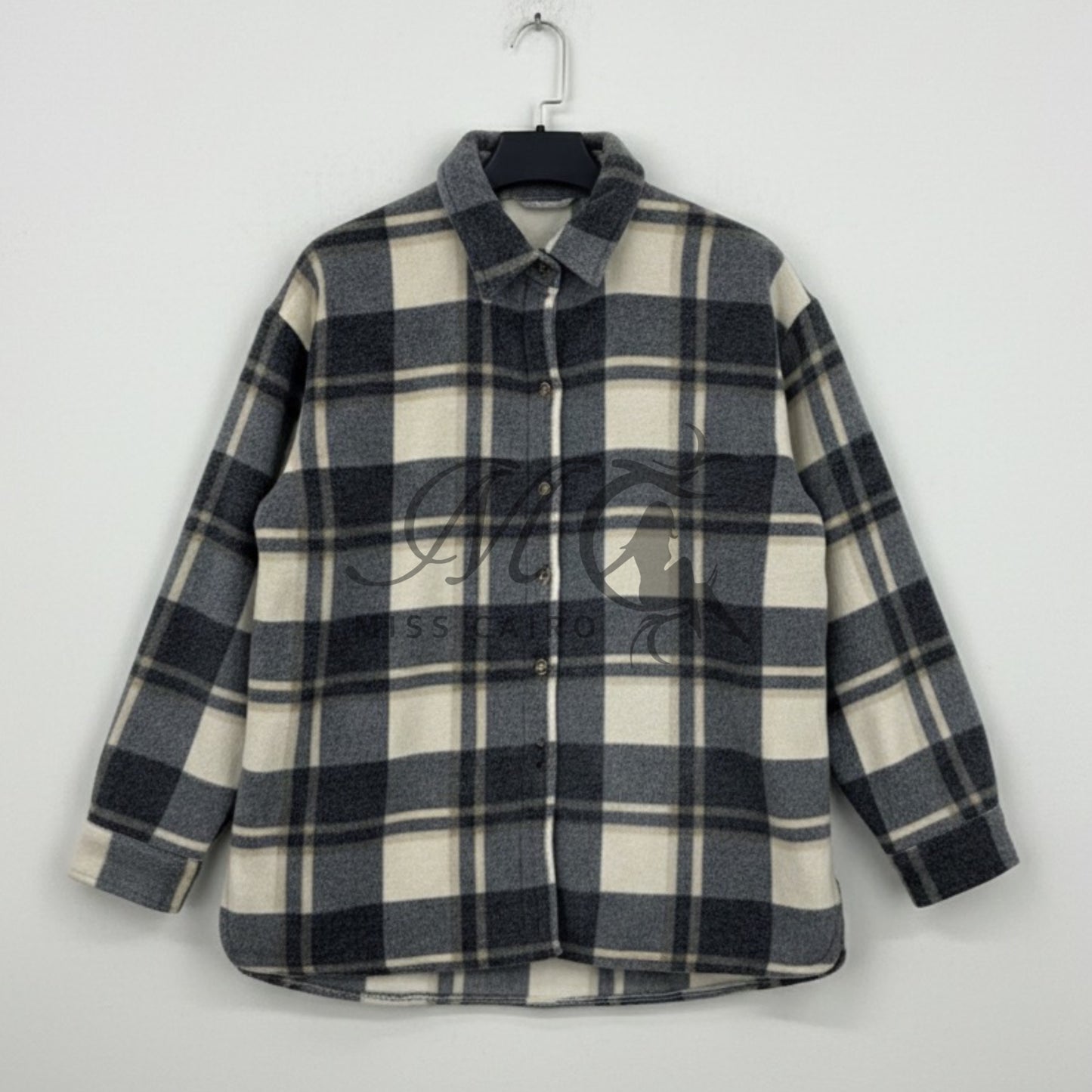 Plaid button-up fleece shirt jacket.