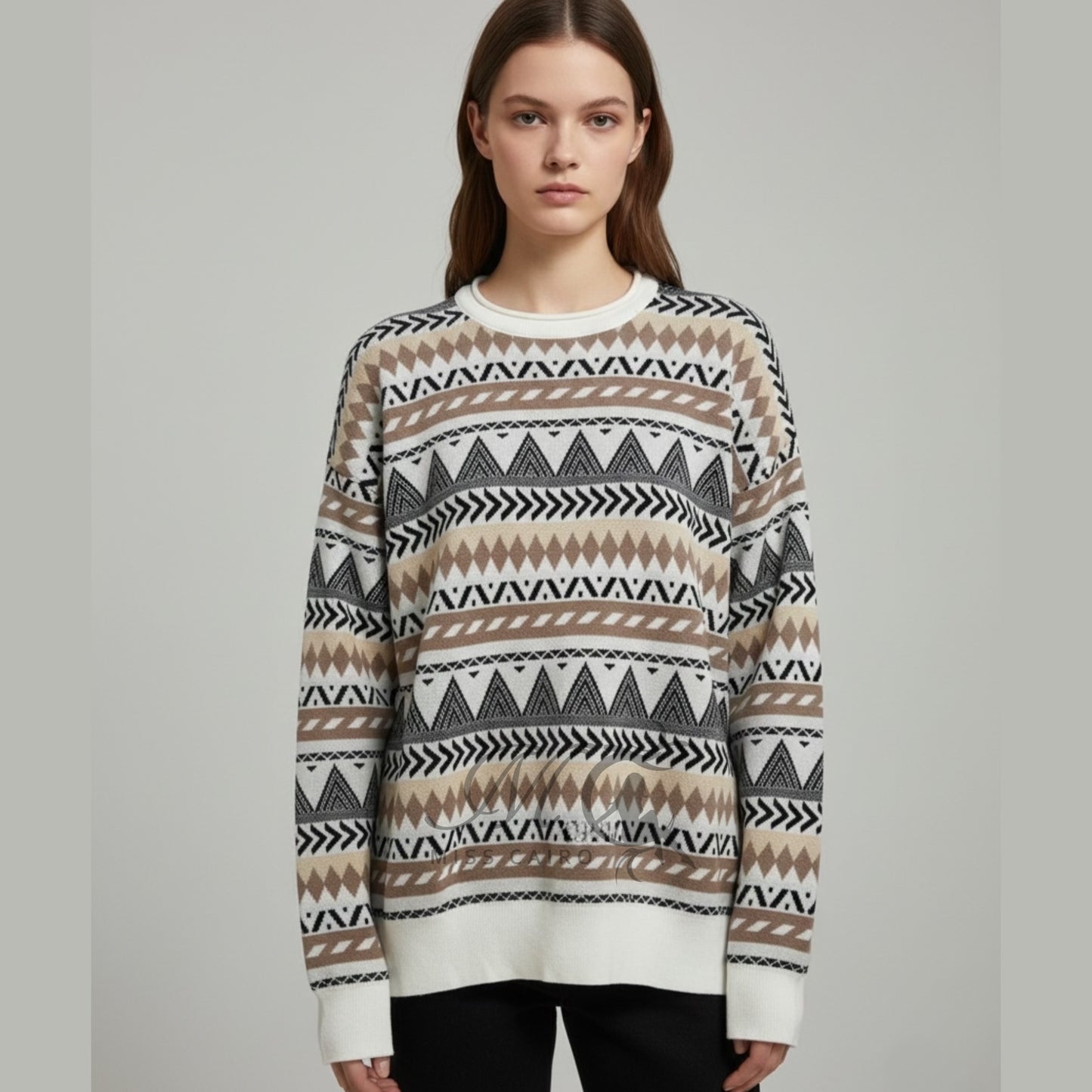 Geometric pattern knitted sweater.
