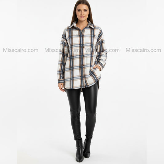 Plaid button-up fleece shirt jacket.