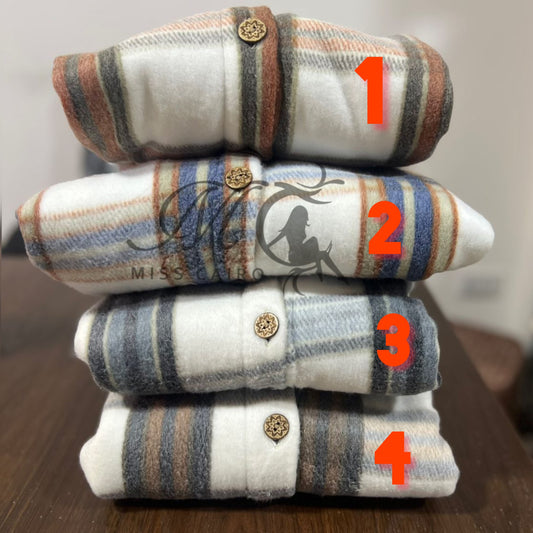 Plaid button-up fleece shirt jacket.