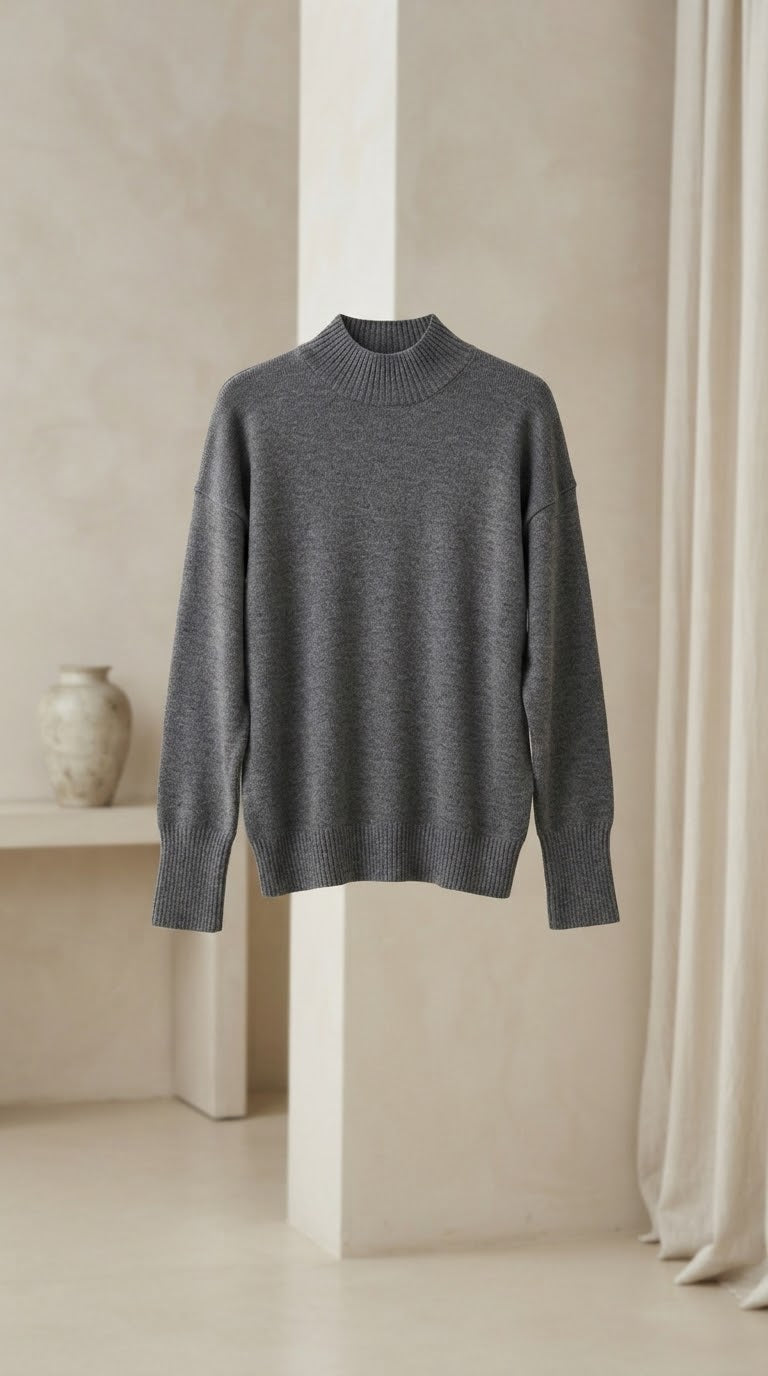 Gray High-neck knit sweater.
