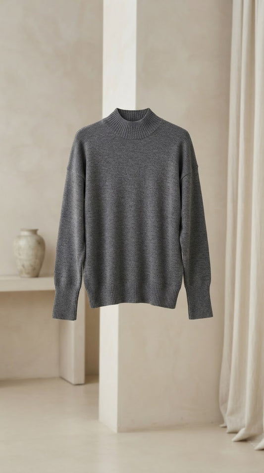 Gray High-neck knit sweater.